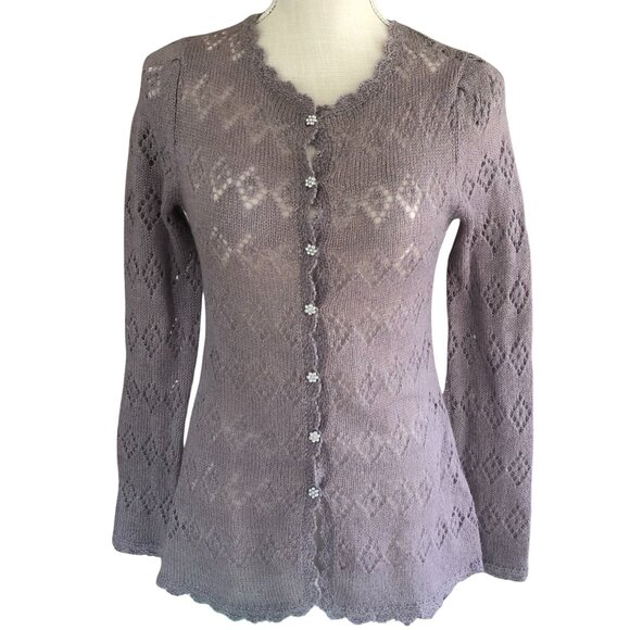 Twiggy Lace Knit Cardigan Medium, Mohair Wool Blend Sweater, Rhinestone Buttons - Picture 1 of 10